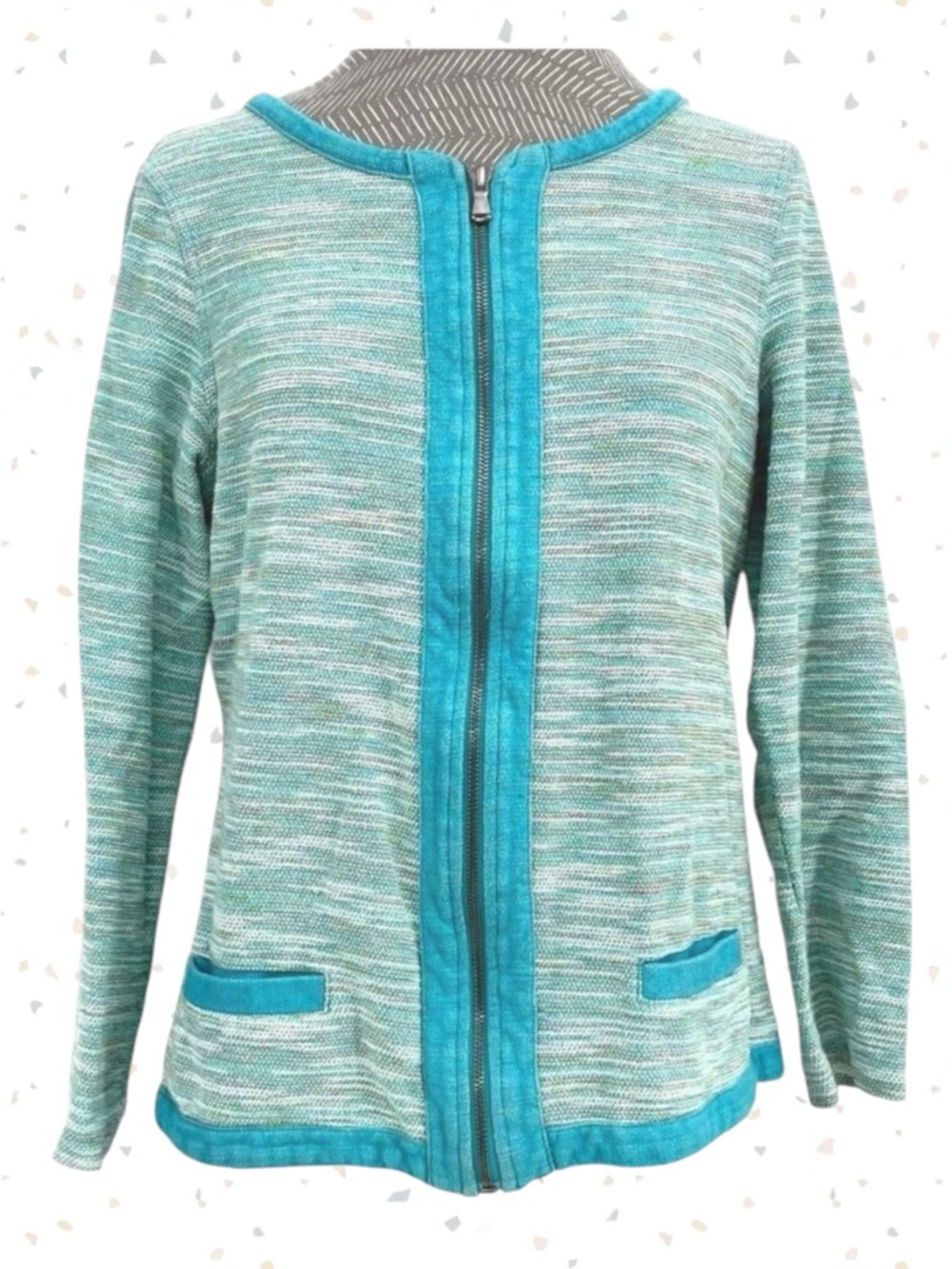 Coldwater Creek Bright Blue Aqua Multi Space Dye Zip Cardigan Sweater Jacket M